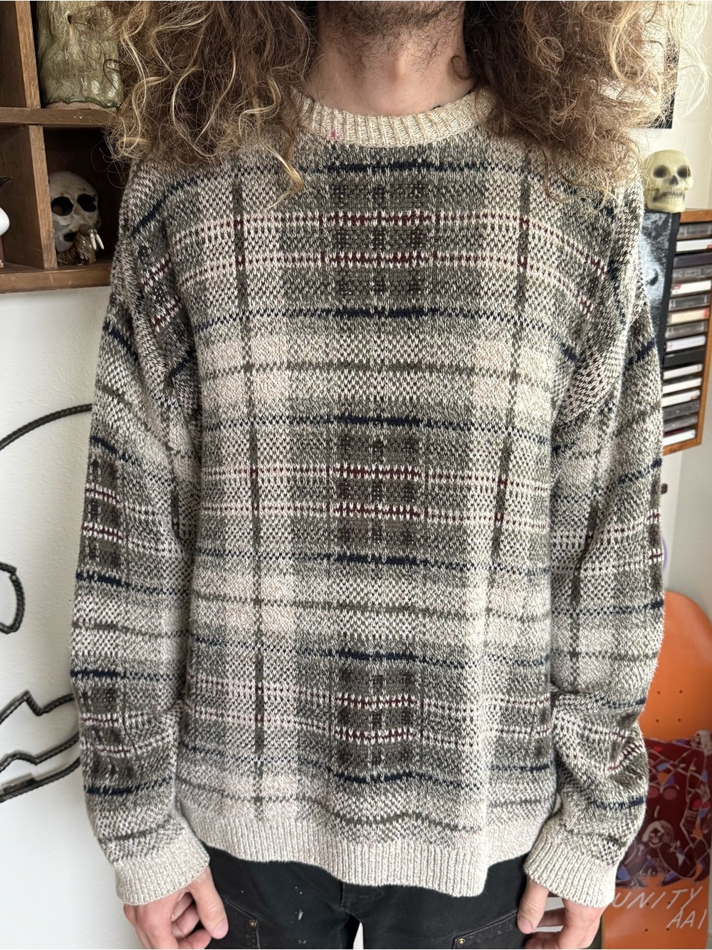 Vintage 80s 90s Knit Plaid Crewneck Sweater ~ Size XL